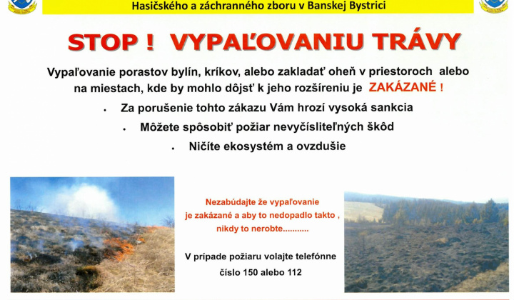Oznam Krajského riaditeľstva Hasičského a záchranného zboru v Banskej Bystrici - Zákaz vypaľovania trávy
