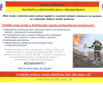 Oznam KR HaZZ v Banskej Bystrici - Zber úrody a žatevné práce počas telých a suchých letných mesiacov sú spojené so zvýšeným rizikom vzniku požiarov