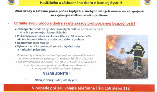 Oznam KR HaZZ v Banskej Bystrici - Zber úrody a žatevné práce počas telých a suchých letných mesiacov sú spojené so zvýšeným rizikom vzniku požiarov 