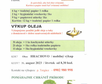Výkup papiera a jedlého oleja dňa 31. 08. 2023 v obci Hrachovo (mobilný výkup)