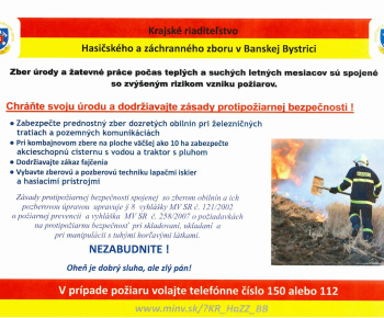 KRHaZZ v Banskej Bystrici - upozornenie Zber úrody a žatevné práce