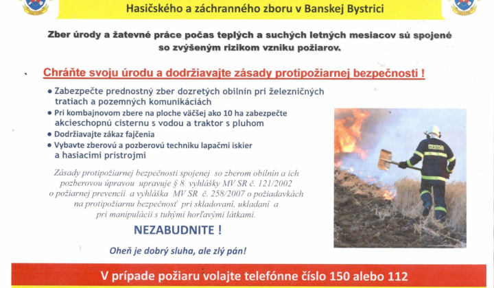 Oznam KR HaZZ v Banskej Bystrici - Zber úrody a žatevné práce počas teplých a suchých letných mesiacov sú spojené so zvýšeným rizikom vzniku požiarov
