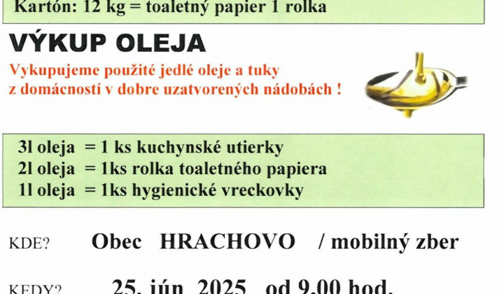 Výkup papiera a výkup oleja dňa 25. 06. 2025